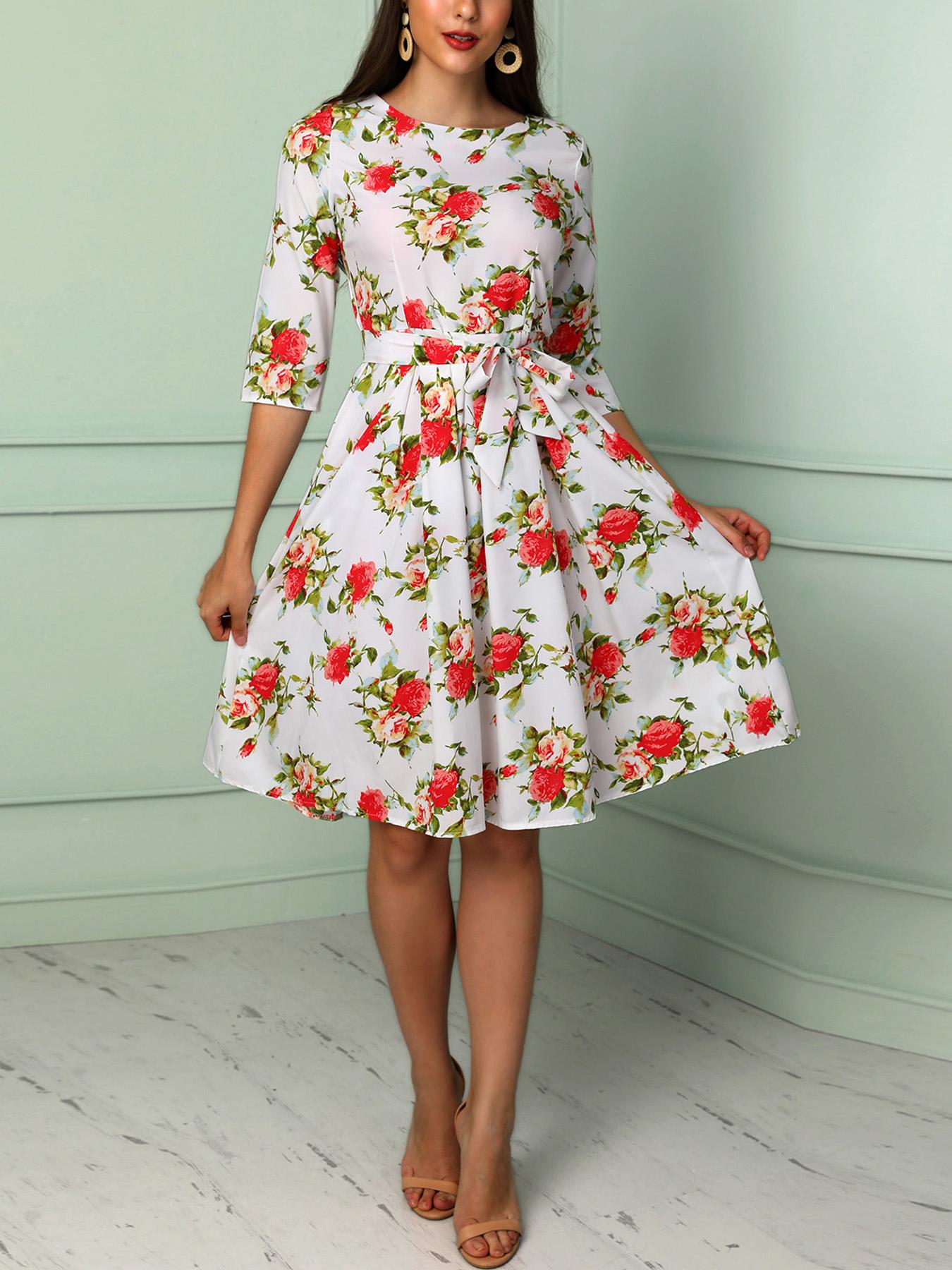 

Floral Print Belted Pleated Oversize Dresses, White