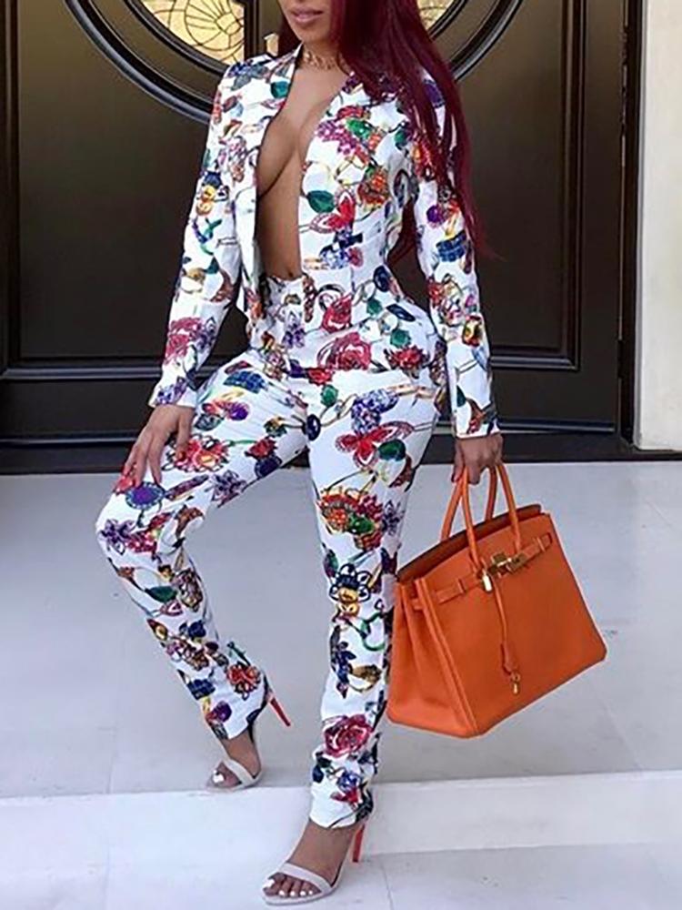 

Floral Print Open Front Blazer Suit Set, White
