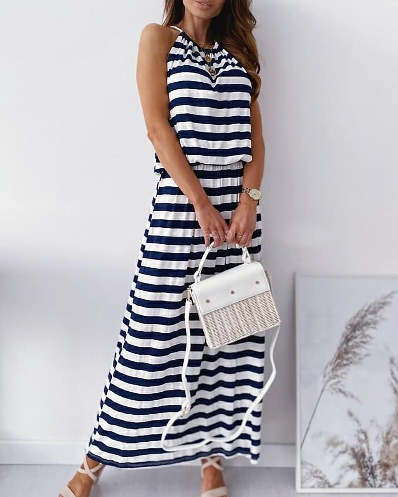 

Striped Colorblock Backless Top & Maxi Skirt Set, Blue