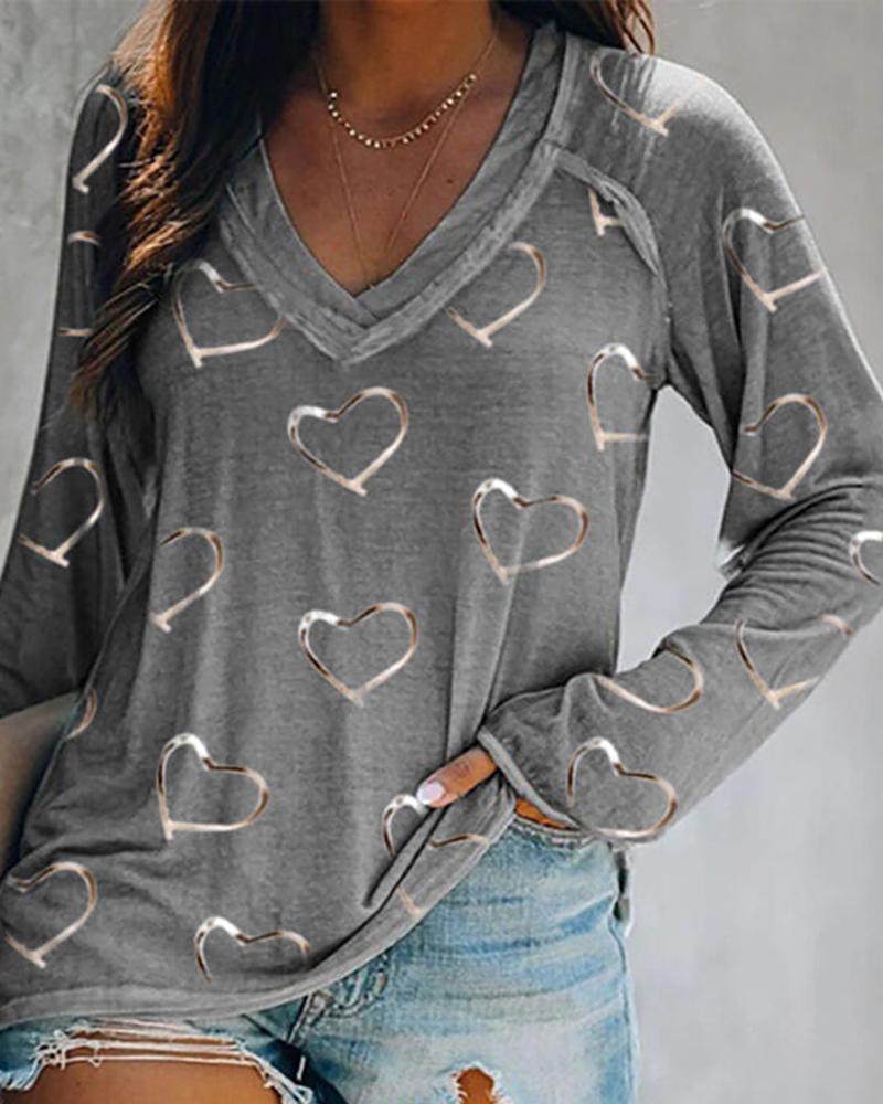 

Heart Print V-Neck Long Sleeve Top, Gray