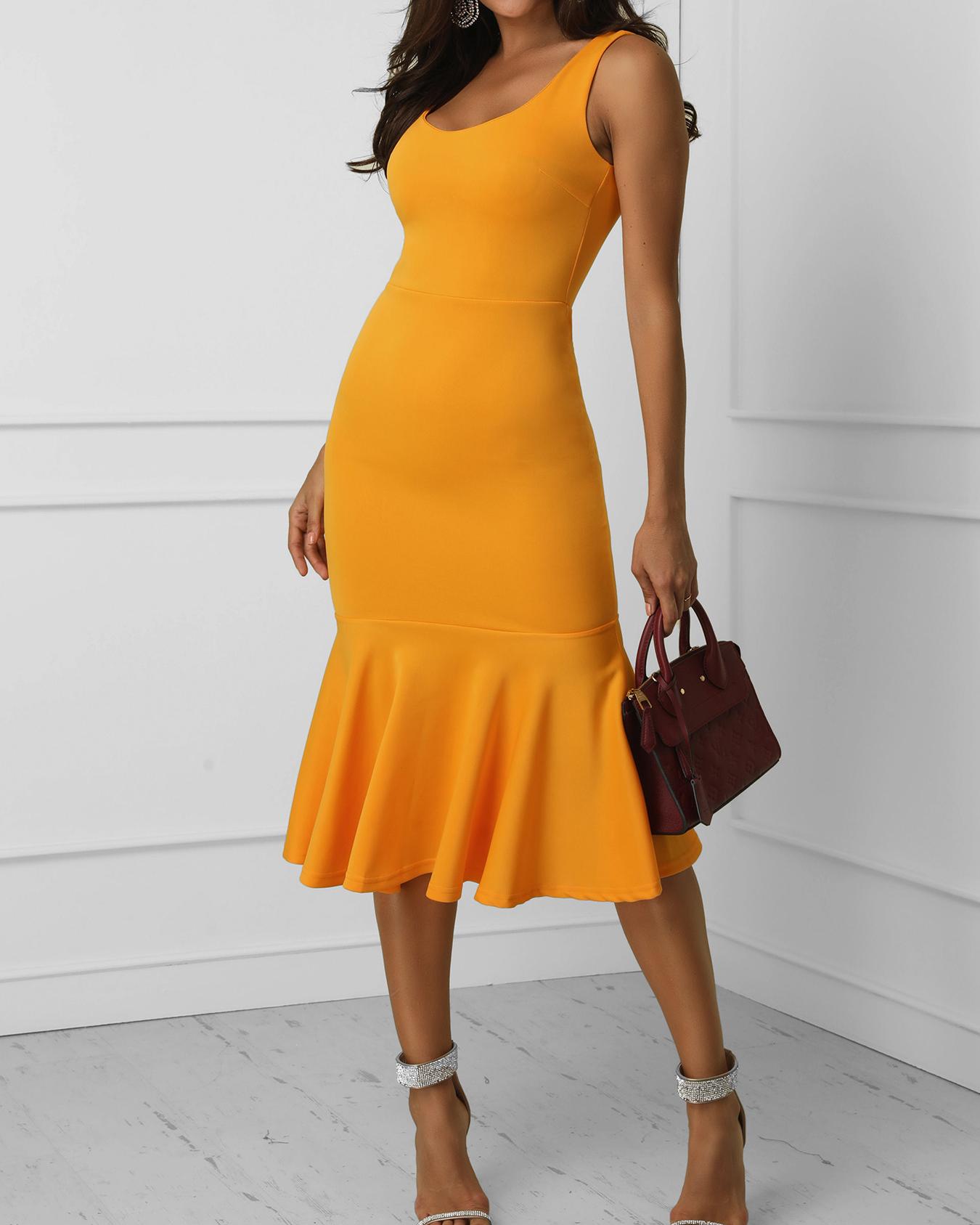 

Thick Strap Backless Ruffles Hem Bodycon Dress, Yellow