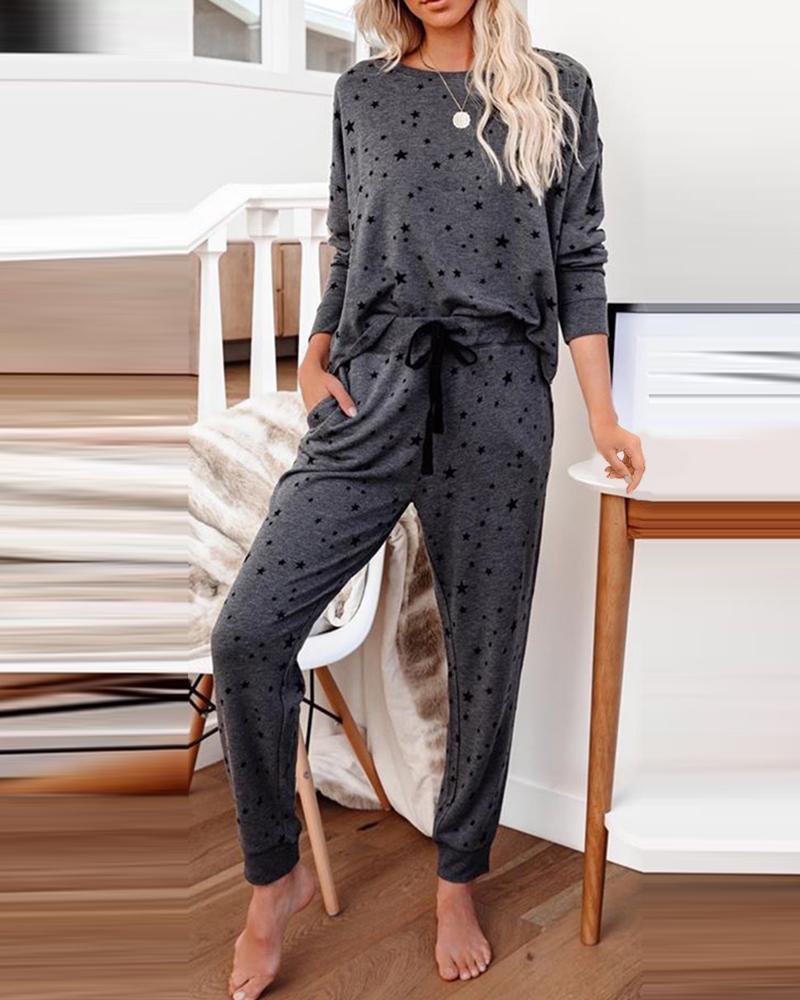 

Star Print Drawstring Pajamas Set, Gray