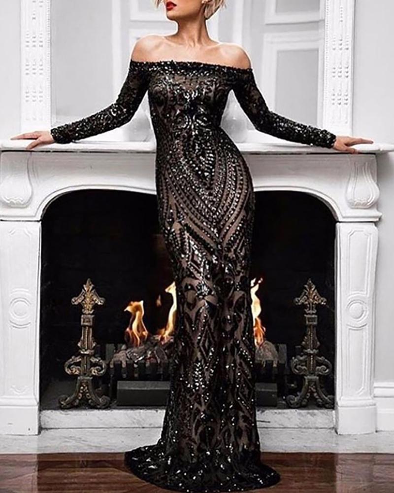 

Off Shoulder Sheer Sequins Dress, Black