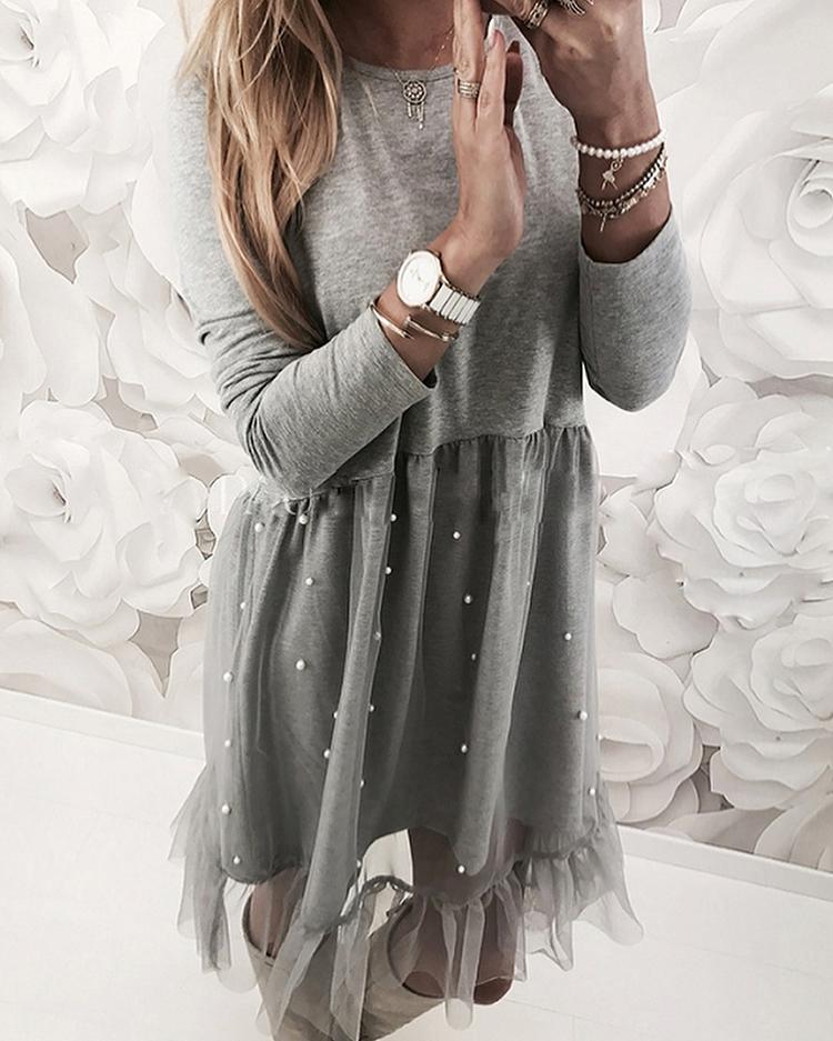 

Splicing Mesh Beads Embellished Casual Dress, Gray