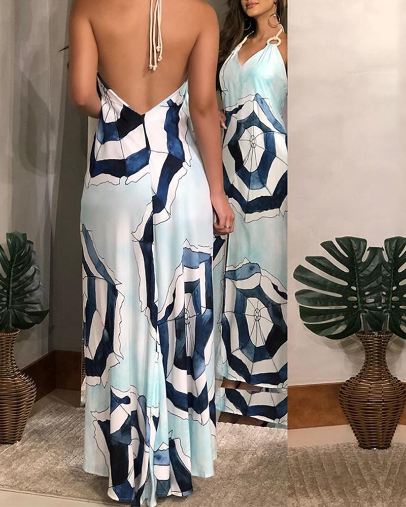 

V-Neck Print Halter Maxi Dress