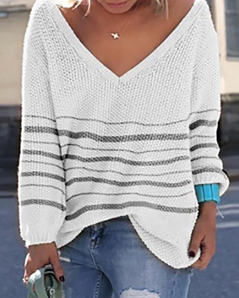 

V Neck Striped Loose Knitting Sweater
