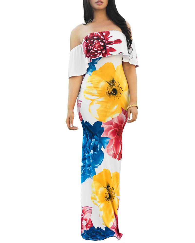 

Floral Printed Ruffled Off-shoulder Maxi Dress