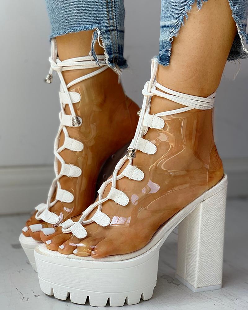 

Peep Toe Transparent Platform Chunky Boots, White