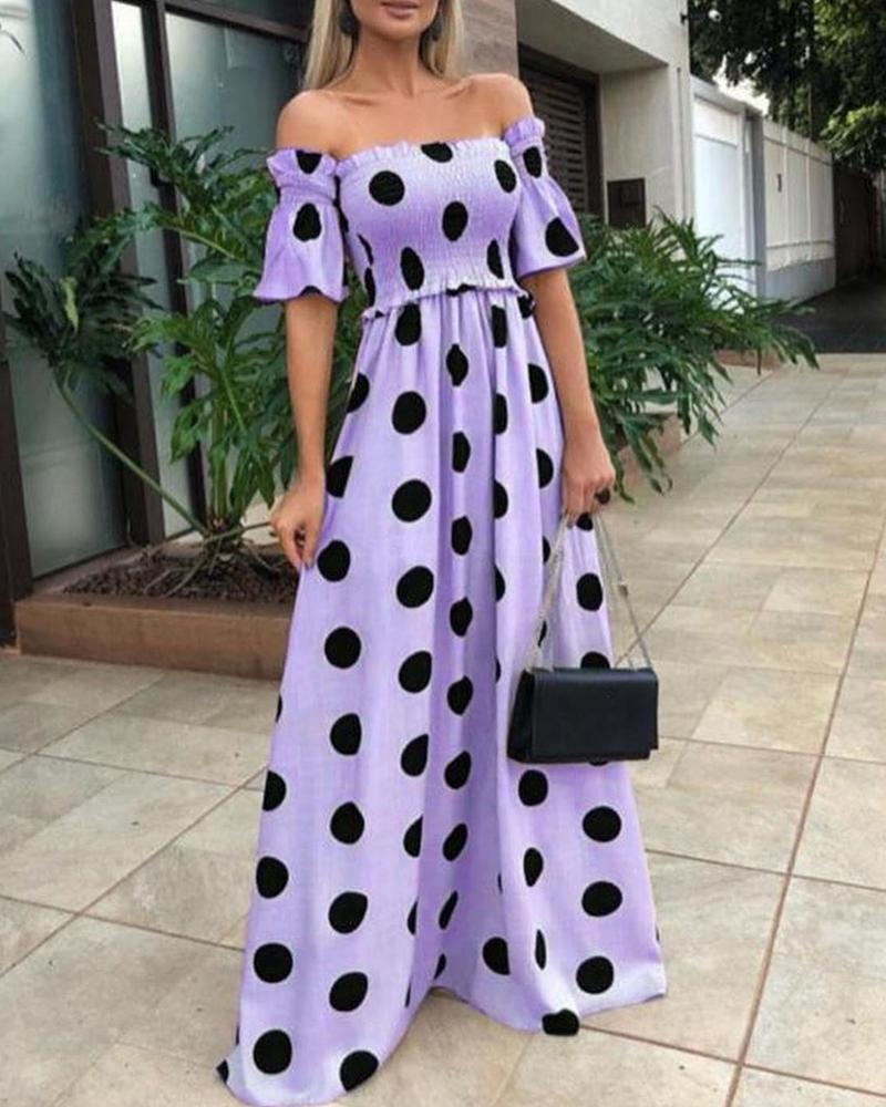 

Polka Dots Off Shoulder Shirring Design Maxi Dress, Purple