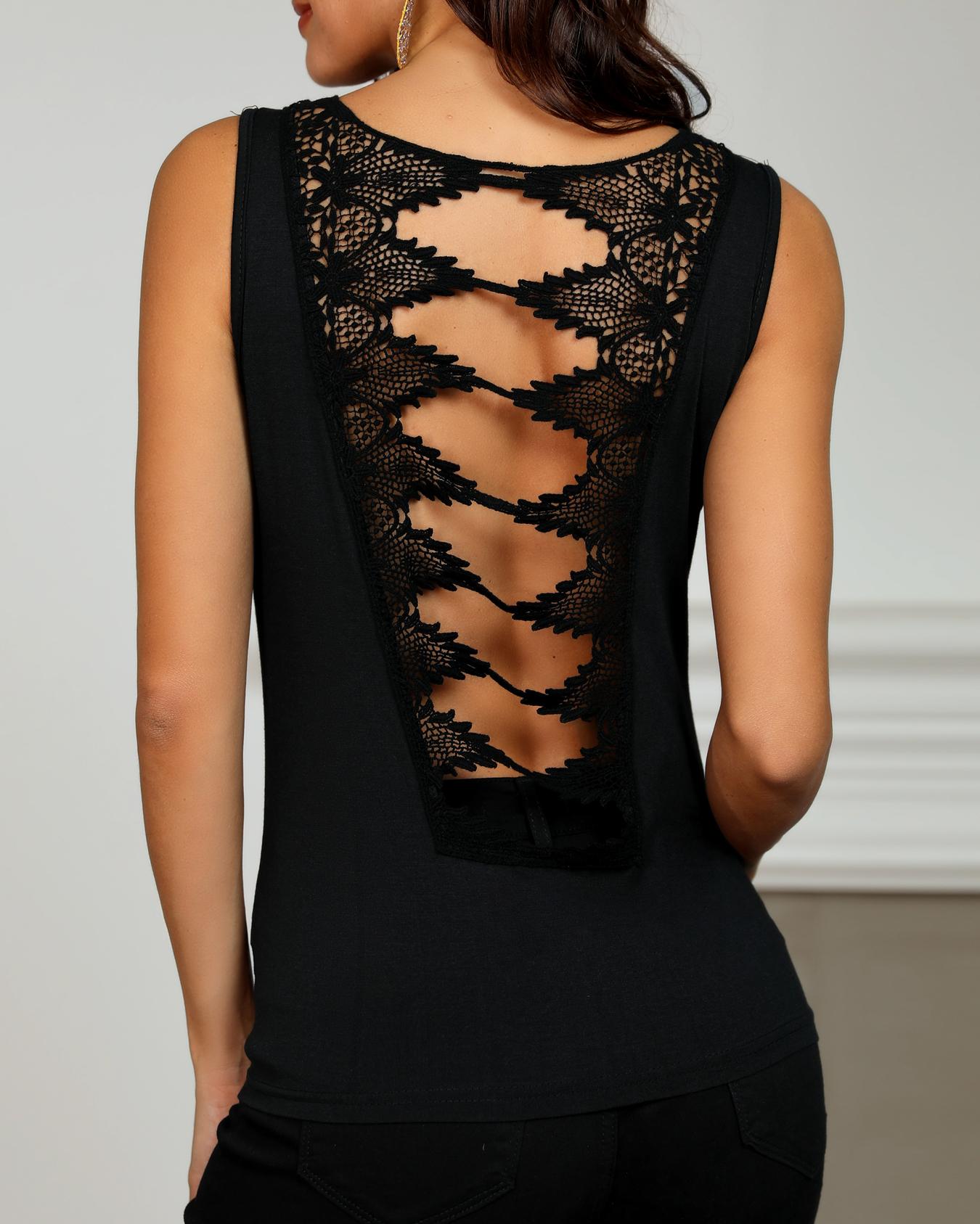 

Solid Sleeveless Crochet Hollowed Back Casual Tank Top