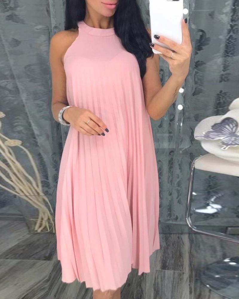 

Solid Sleeveless Pleated Midi Casual Dress, Pink