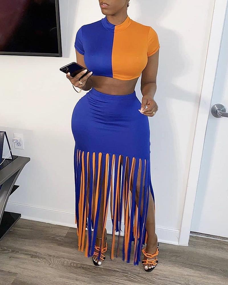 

Two-Tone Crop Top & Tassel Skirt, Blue