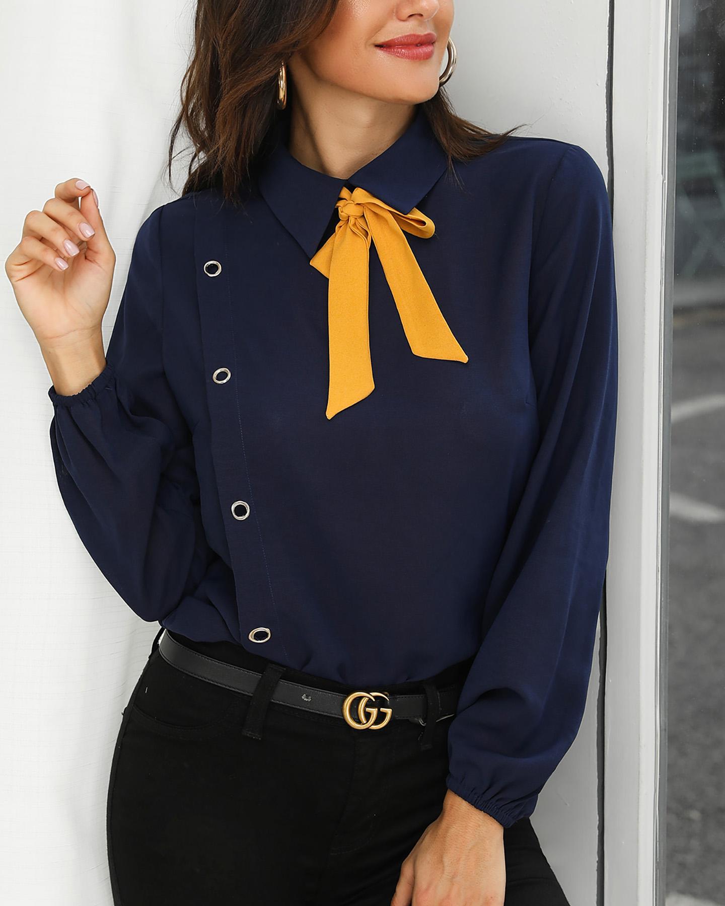 

Contrast Tied Neck Casual Shirt