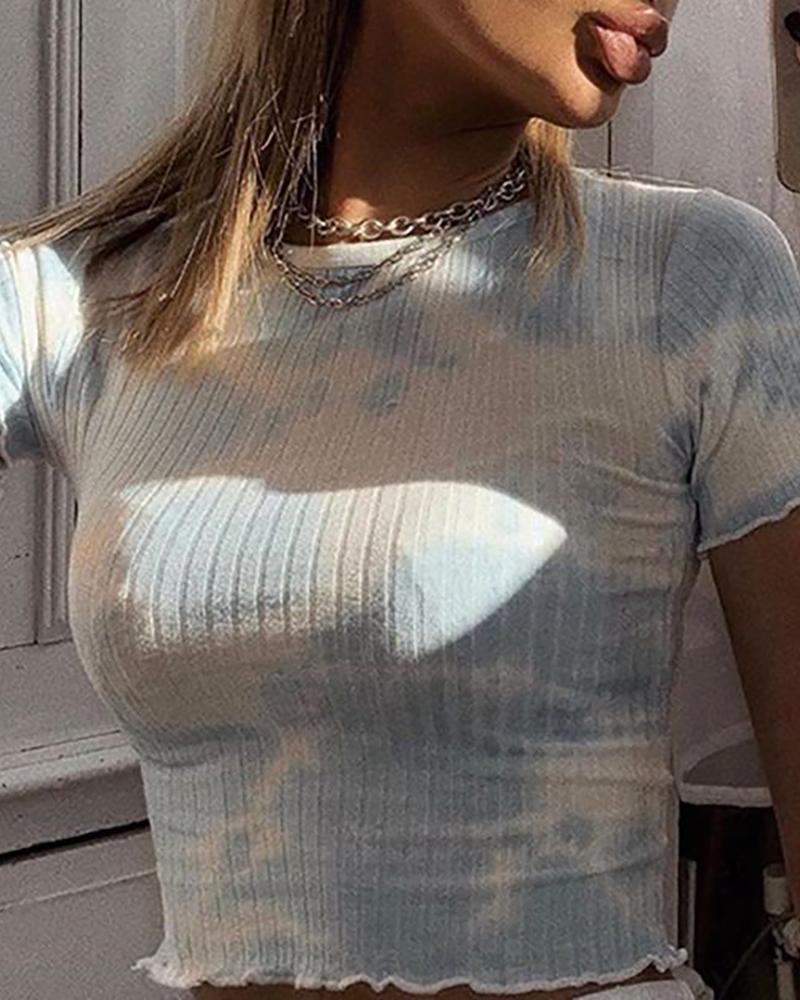 

Tie Dye Print Frill Hem Crop Top, Light blue