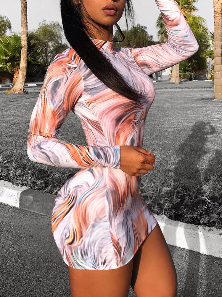 

Tie Dye Print Long Sleeve Bodycon Mini Dress, Multicolor