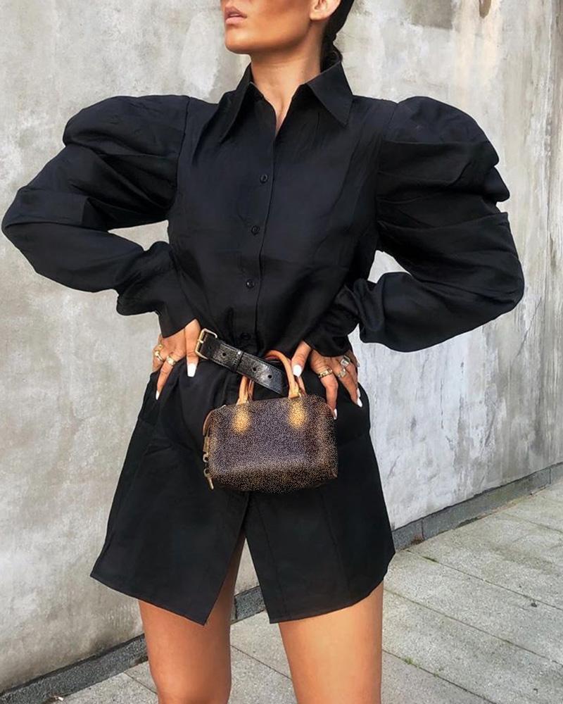 

Puff Sleeve Solid Shirt Dress, Black
