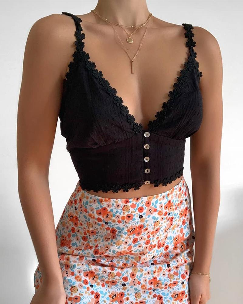 

V Neck Lace Trim Cami Top, Black