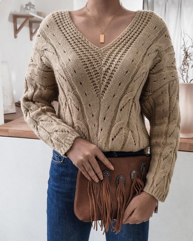 

Long Sleeve Hollow Out Cable Knit Sweater, Khaki