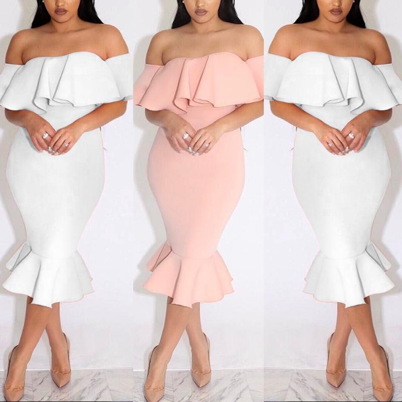 

Elegant Women Frilled Off Shoulder Bodycon Dress, Pink