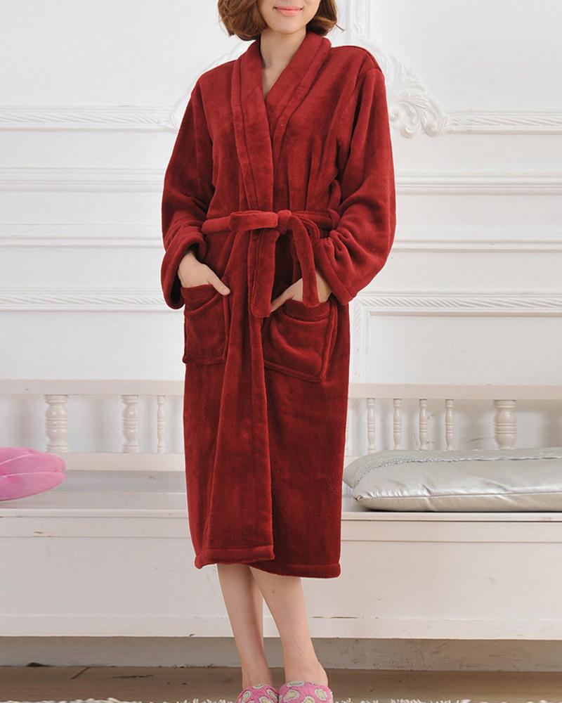 

Dual Pocket Belted Plush Hooded Robe, Wine red