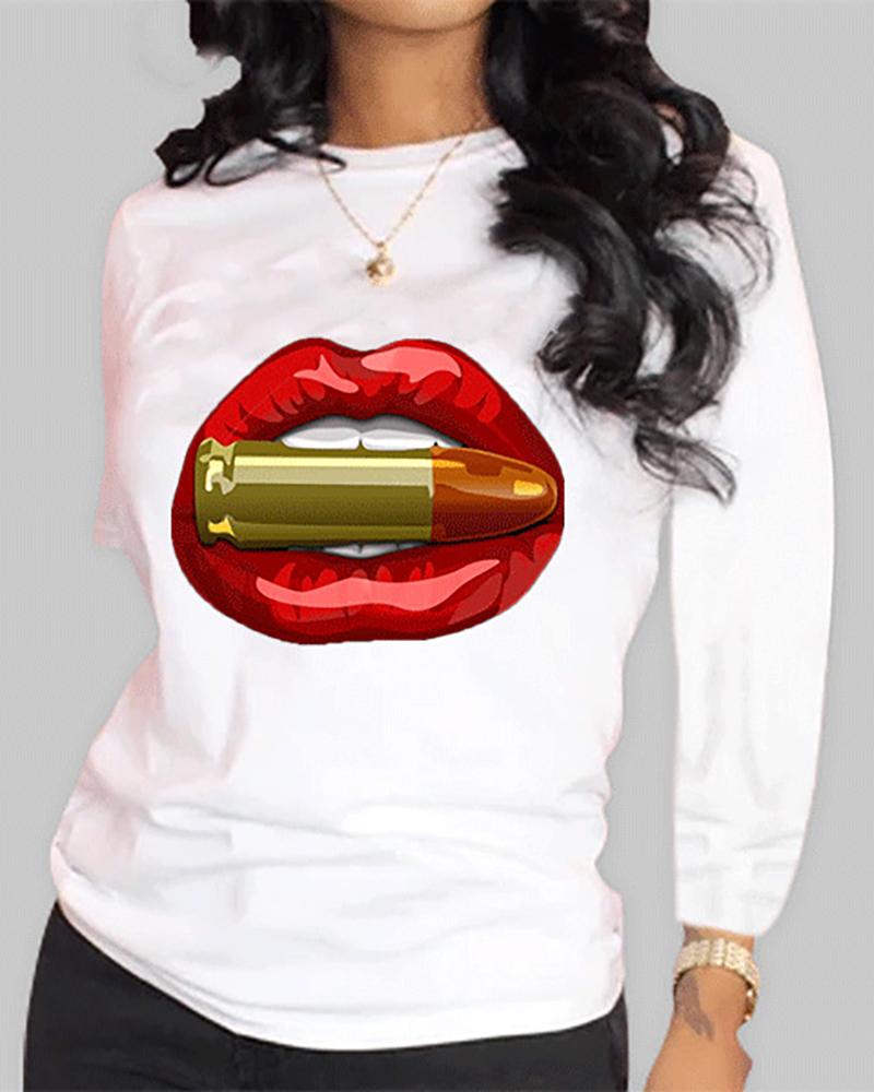 

Lip Print Long Sleeve Casual T-shirt, White