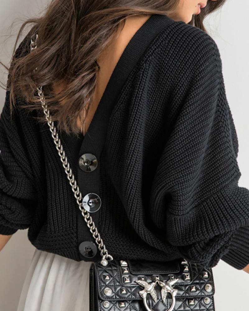 

Solid Buttoned Open Back Casual Sweater