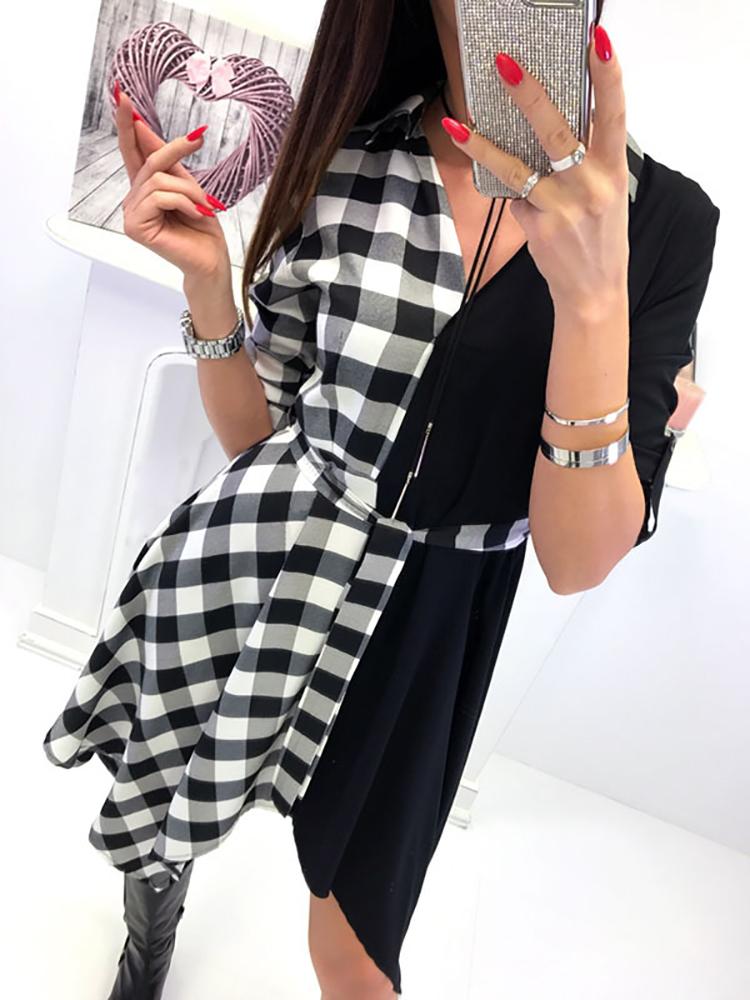 

Plaid Print Contrast Color Belted Irregular Dress
