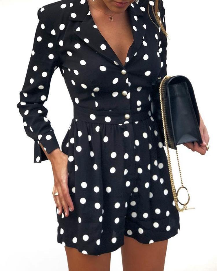 

Polka Dot V Neck Long Sleeve Romper, Black