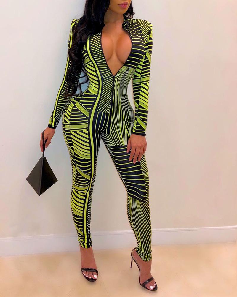 

Striped Plunge Zipper Design Jumpsuit, Green