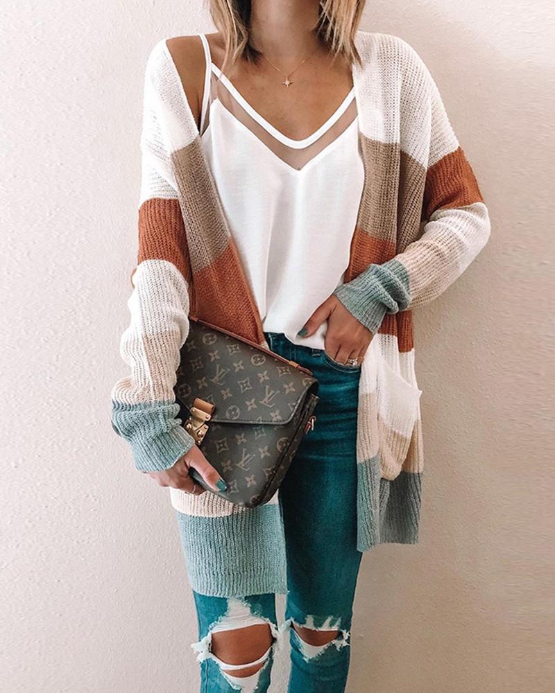 

Colorblocks Open Front Pocketed Cardigan, Multicolor