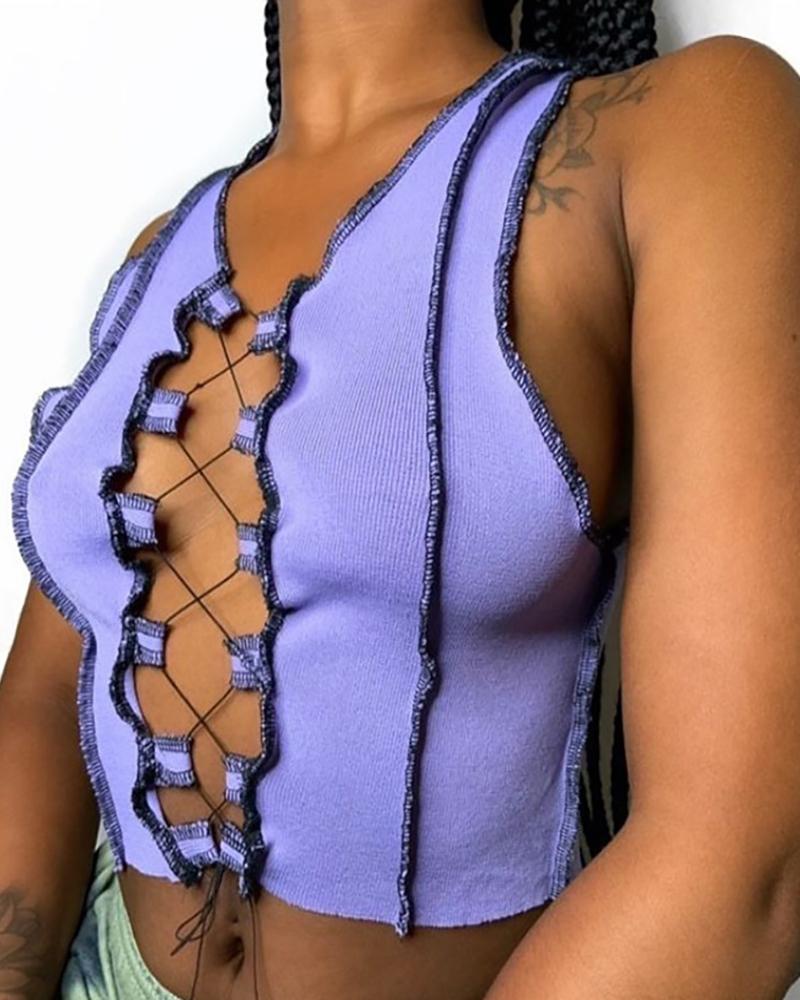 

Lace-up Colorblock Sleeveless Crop Top, Purple