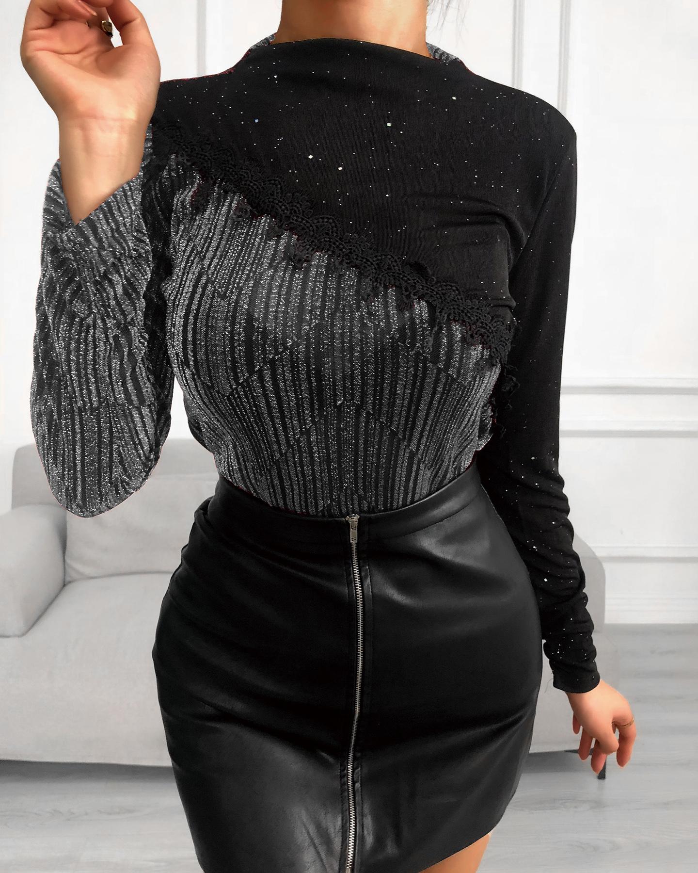 

Colorblock Long Sleeve Glitter Top, Silver