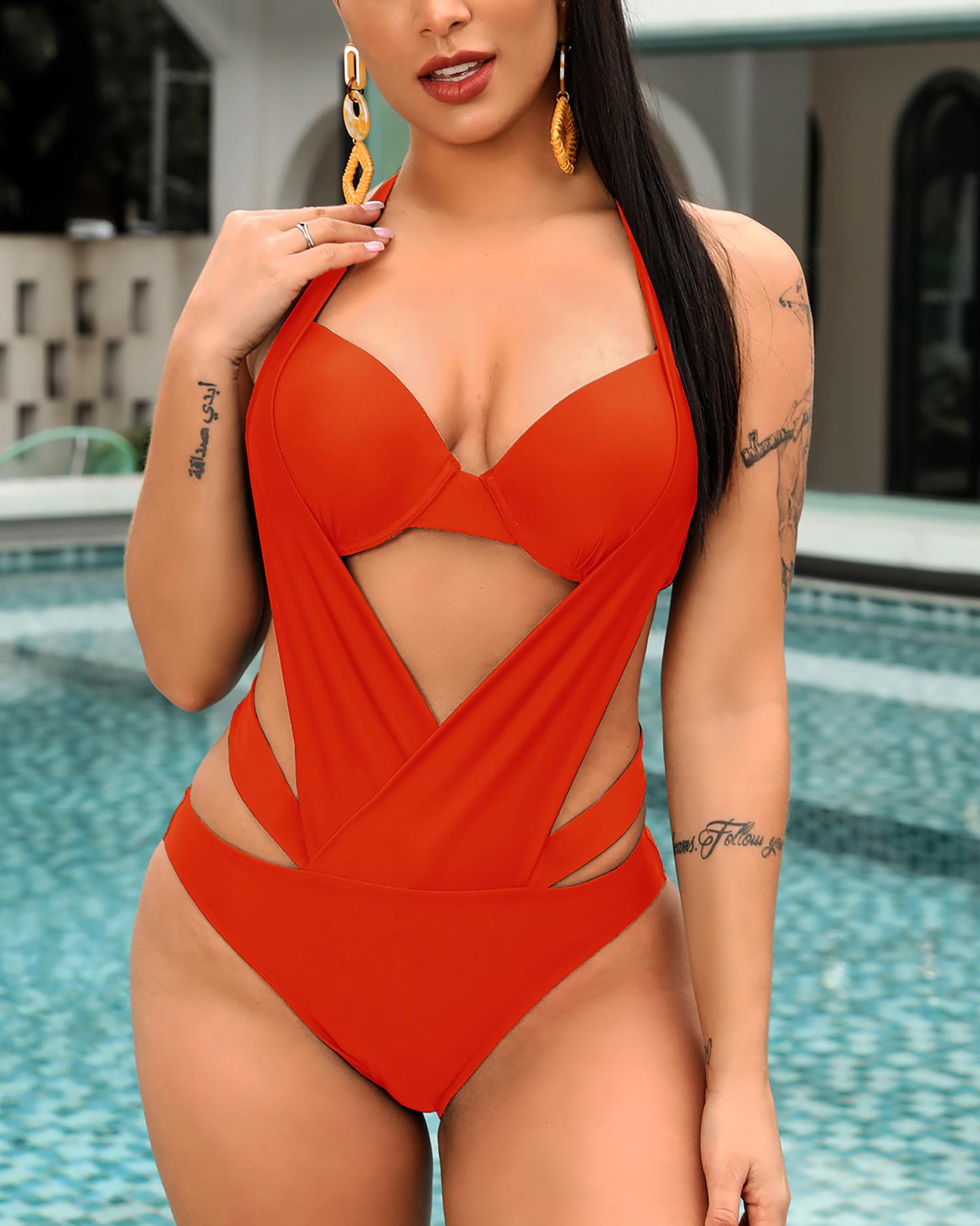

Halter Cutout Backless One Piece Swimsuit, Red