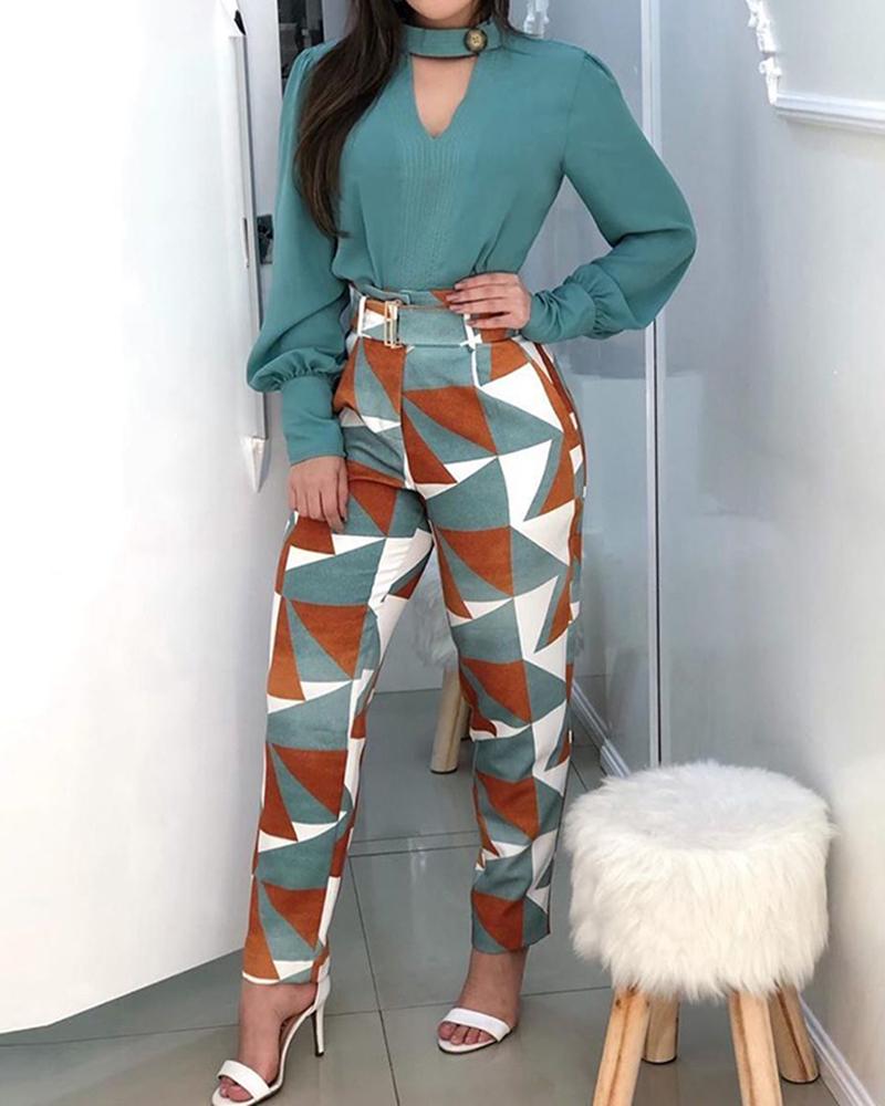 

Colorblock Geo Print Daily High Waist Pants, Green