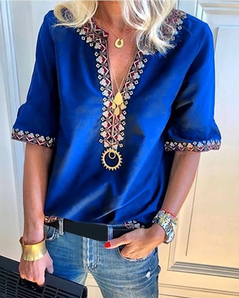 

Bohemian Print V-neck Half Sleeve Blouse, Blue