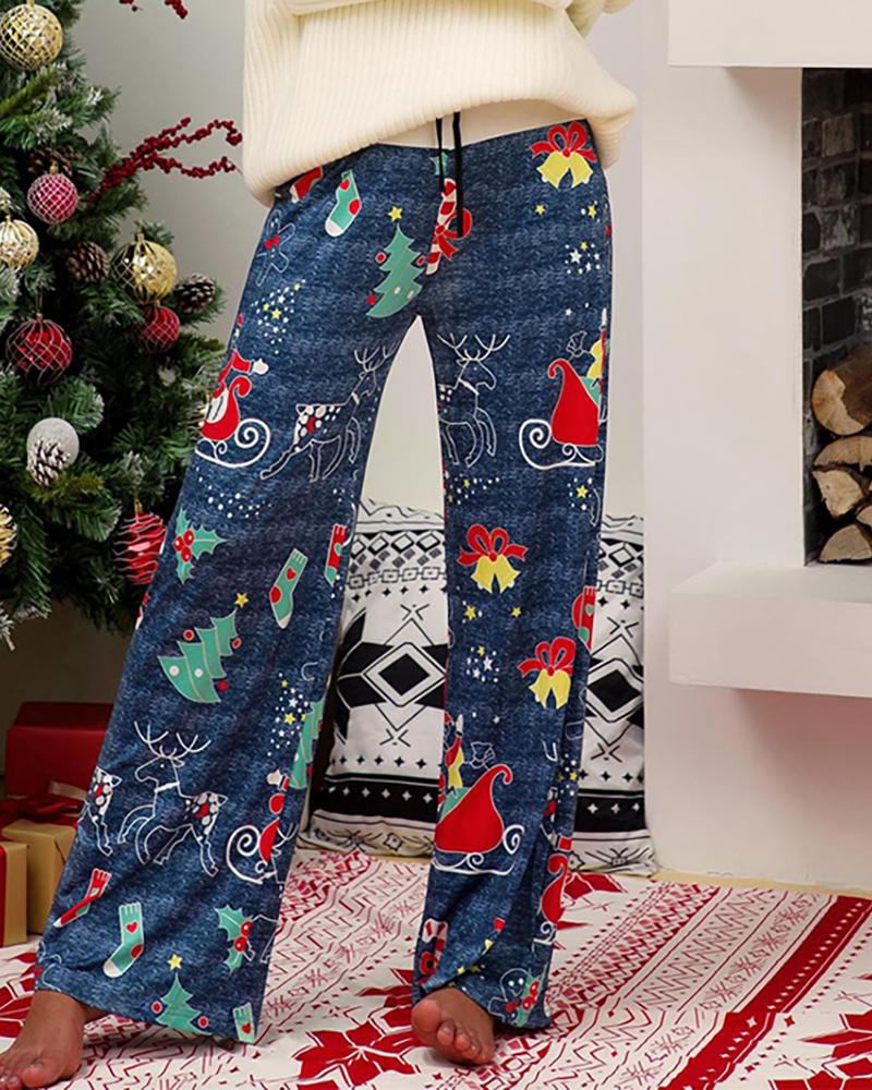 

Christmas Mixed Print Wide Leg Casual Pants, Dark blue