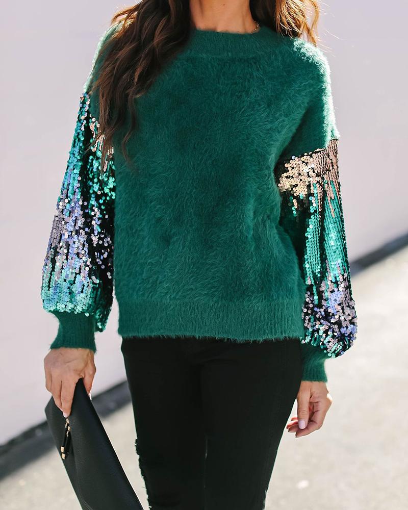 

Contrast Sequined Sleeve Knit Sweater