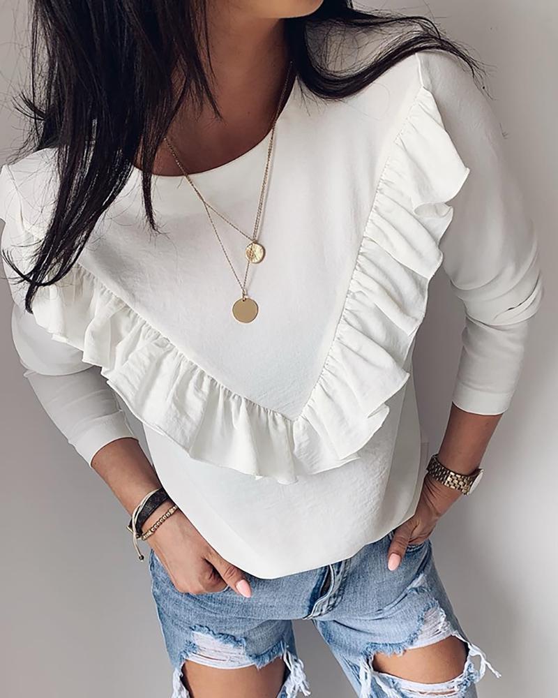 

Solid Ruffles Design Long Sleeve Blouse, White