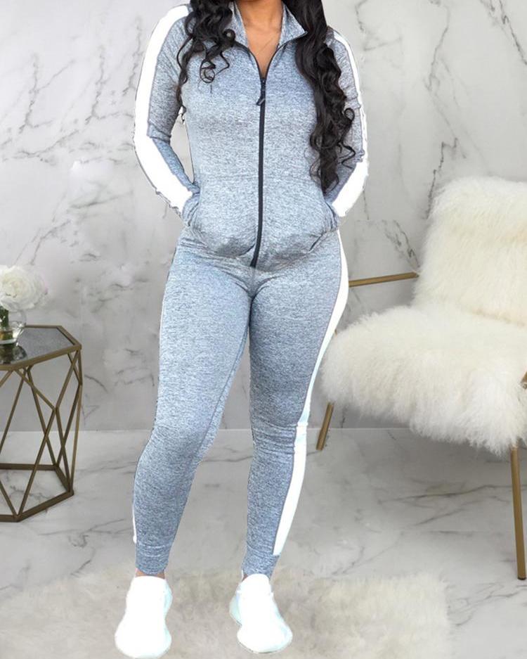 

Stripes Side Pocket Design Top & Pant Sets, Gray