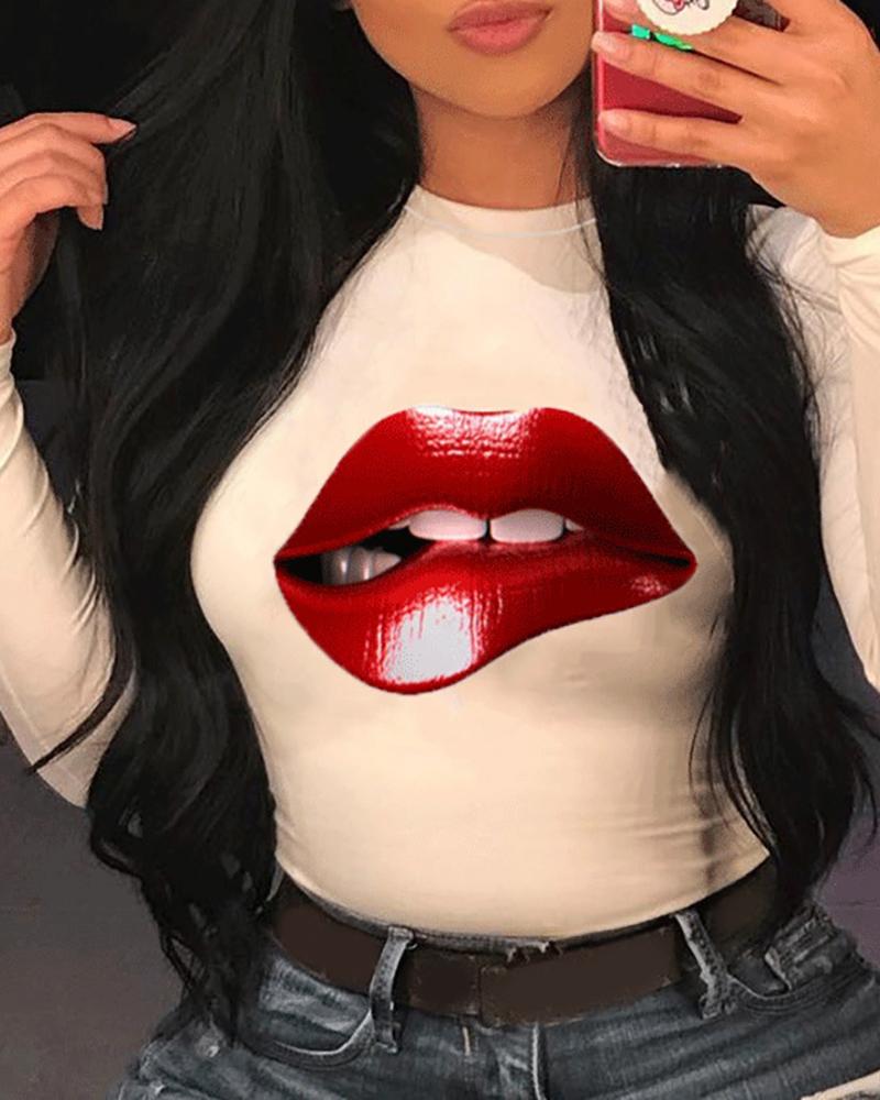 

Lip Print Long Sleeve Casual T-shirt, White