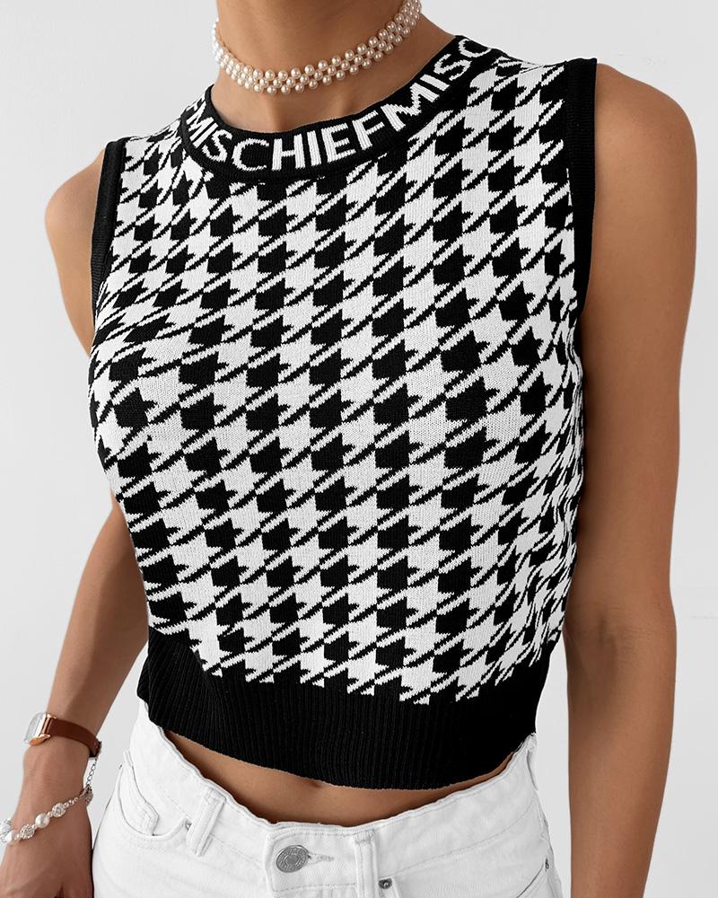 

Houndstooth Letter Print Knit Crop Top, Black