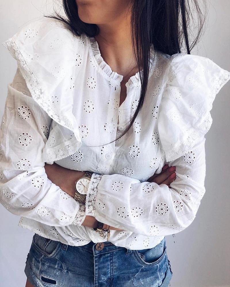 

Ruffles Design Lace Long Sleeve Blouse, White