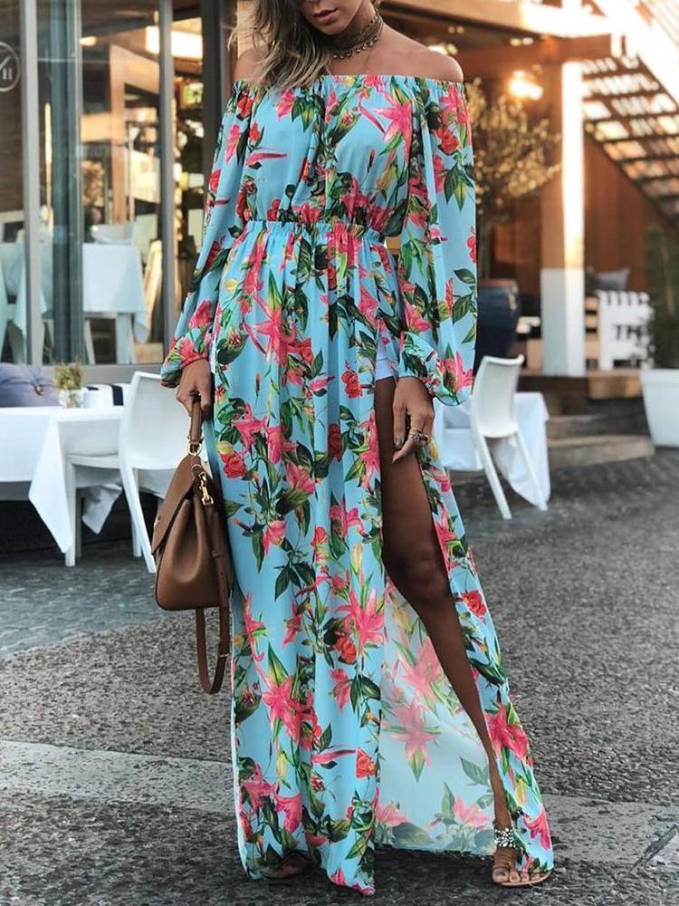 

Floral Off Shoulder High Slit Maxi Dress, Multicolor