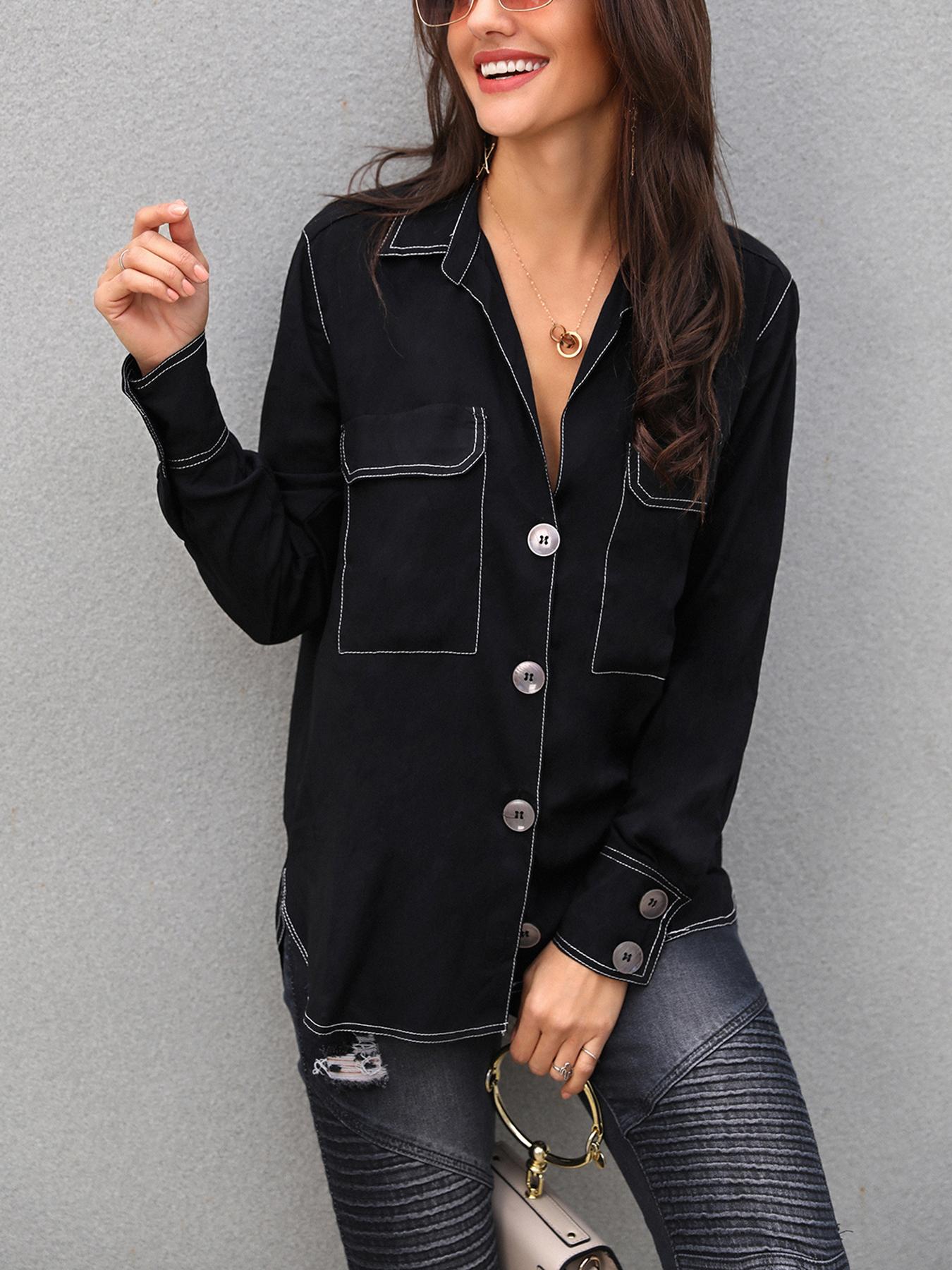 

Contrast Stitch Flap Pocket Blouse