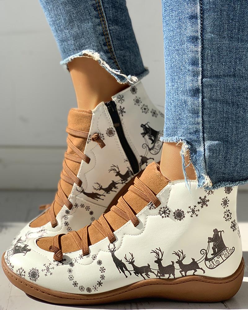 

Cartoon Print Patchwork Lace-Up Casual Boots, Yellow