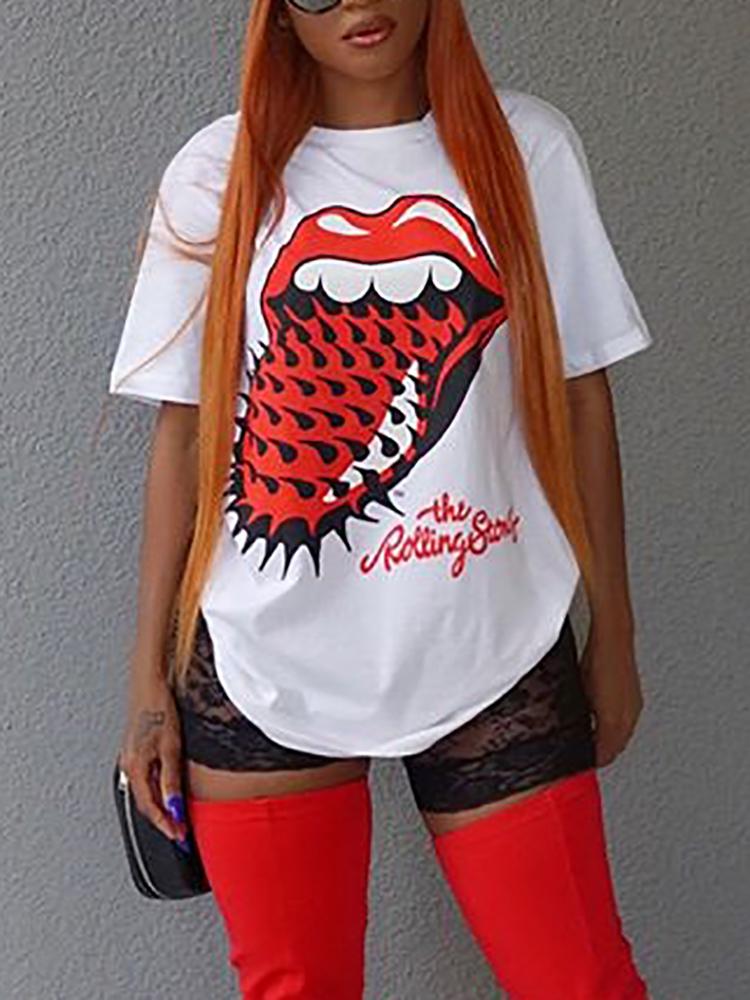 

Woman Digital Print Curved Hem Casual T-shirt, White