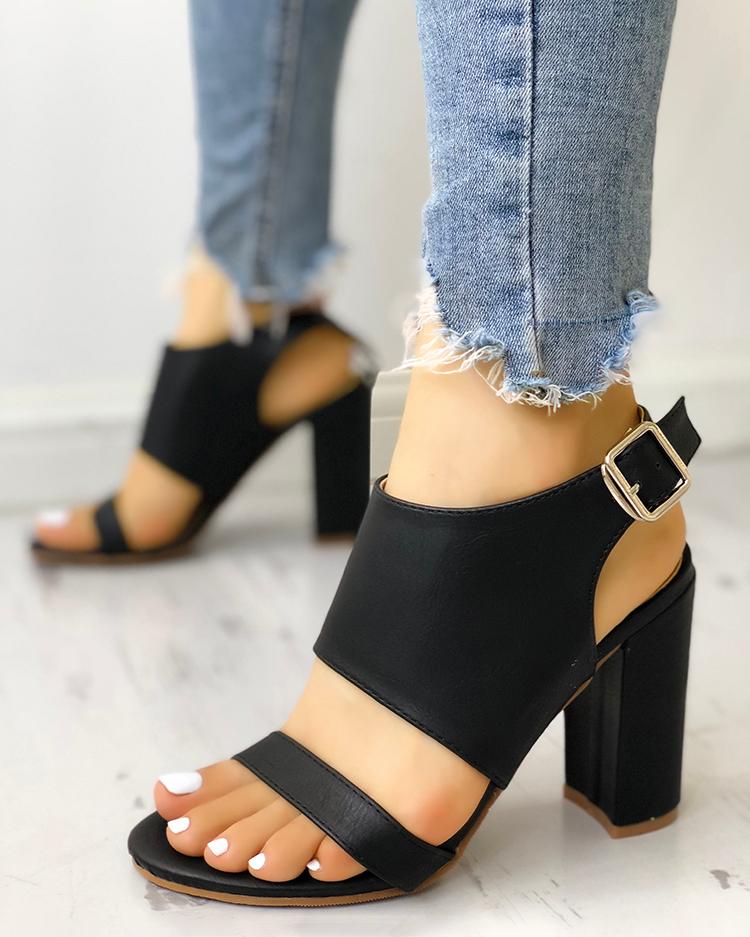 

Solid Open Toe Buckled Chunky Heeled Sandals, Black