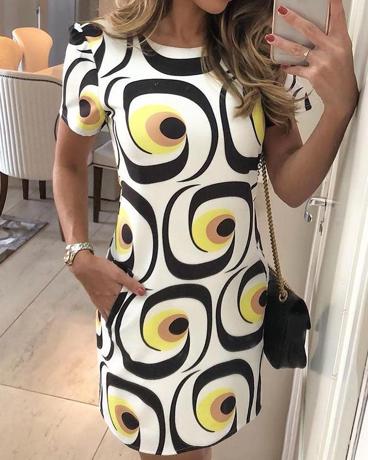 

Round Neck Abstract Print Casual Dress, White