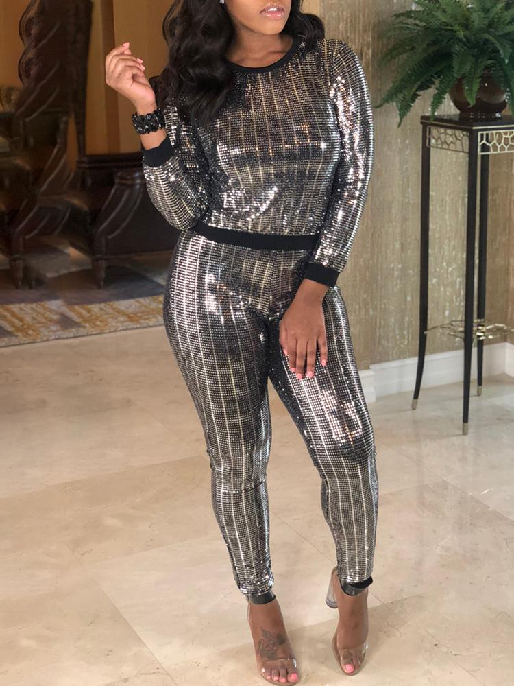 

Stripes Contrast Binding Skinny Sequin Tracksuits
