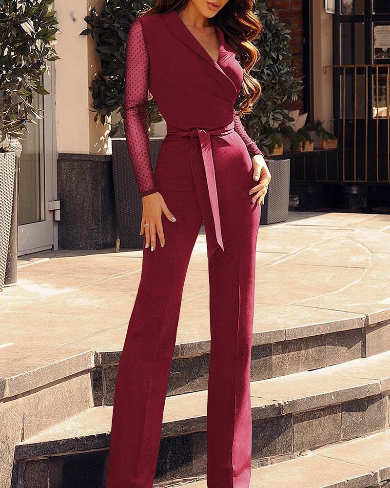 

V-Neck Dots Mesh Sleeve Jumpsuit, Wine red